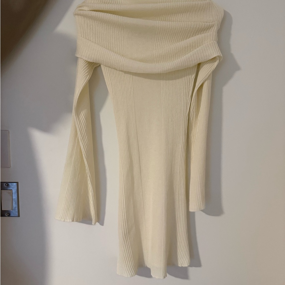 Off-Shoulder Cream Ribbed Mini Dress - Picture 5 of 5